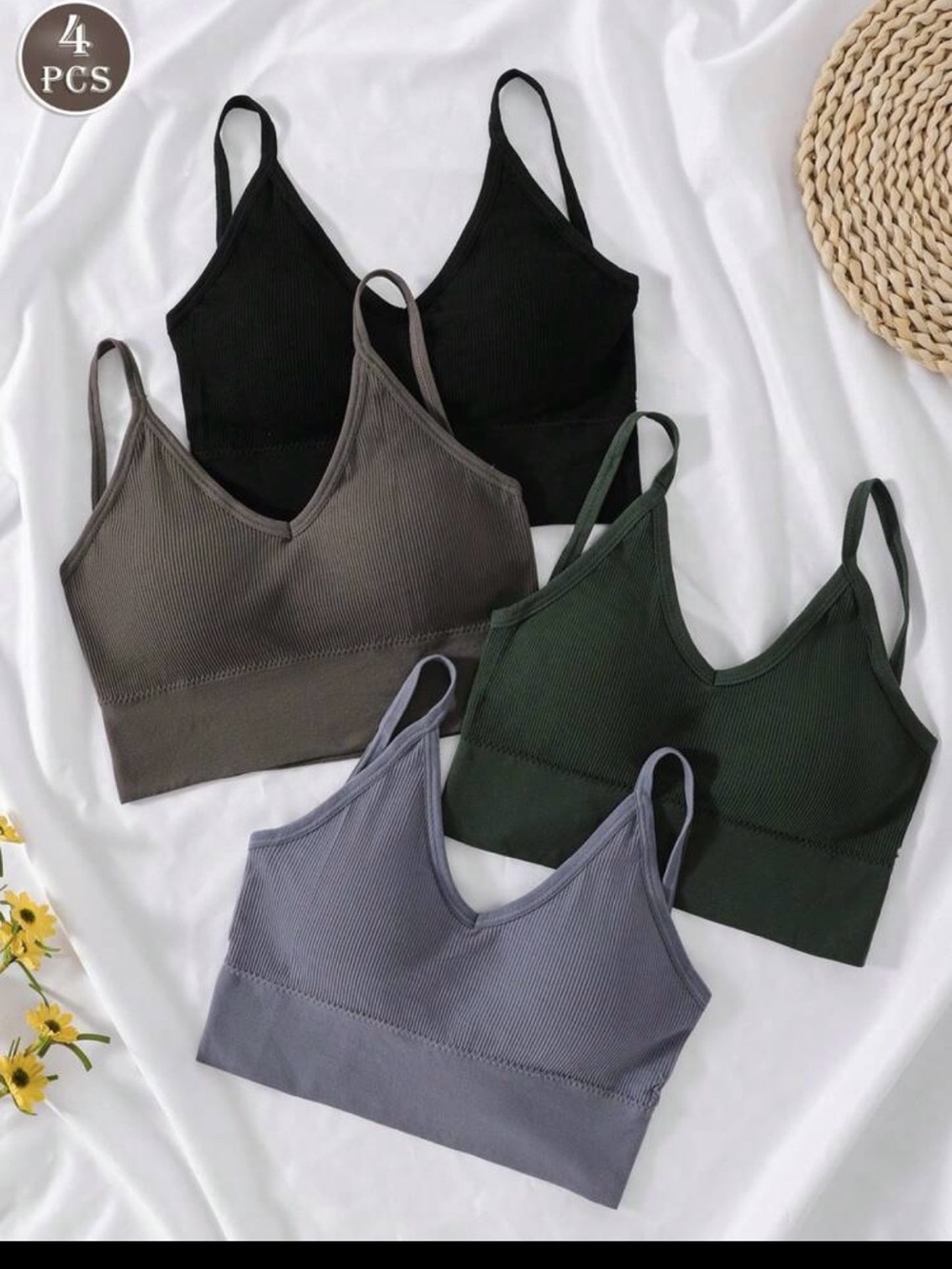 SHEIN Pack of 4 Ribbed V-Neck Bralettes - Black, Olive, Gray, Taupe